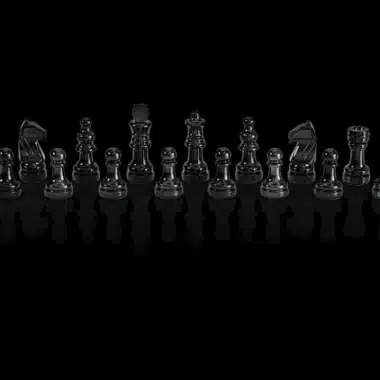 Schwarze Schachfiguren des Chess Genius Pro aufgereiht vor schwarzem Hintergrund