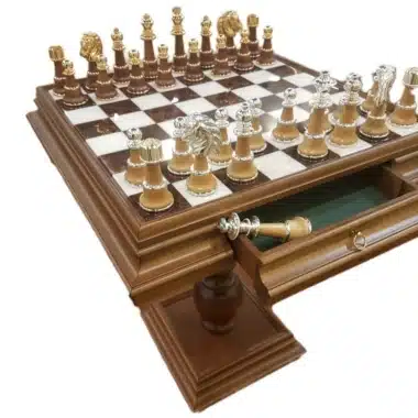 Hochwertiges Staunton Set aus Buchenholz und Carrara-Marmor sowie Alabaster & Massivholz und Messing, vergoldet und versilbert – Bild 4