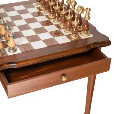 Giant Oriental High-End Set II Holztisch, Toskanischer Alabaster und Carrara Marmor & Schachspiel aus Holz und massivem Messing – Bild 4