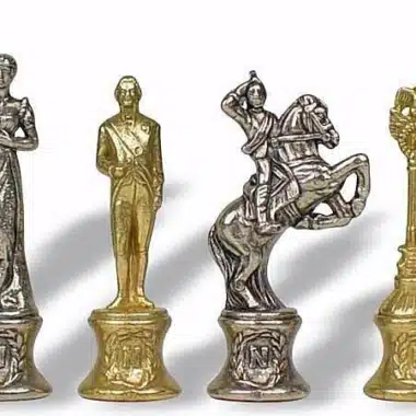 Napoleon-Figuren aus goldenem und silbernem Metall, Dame, Springer und Turm