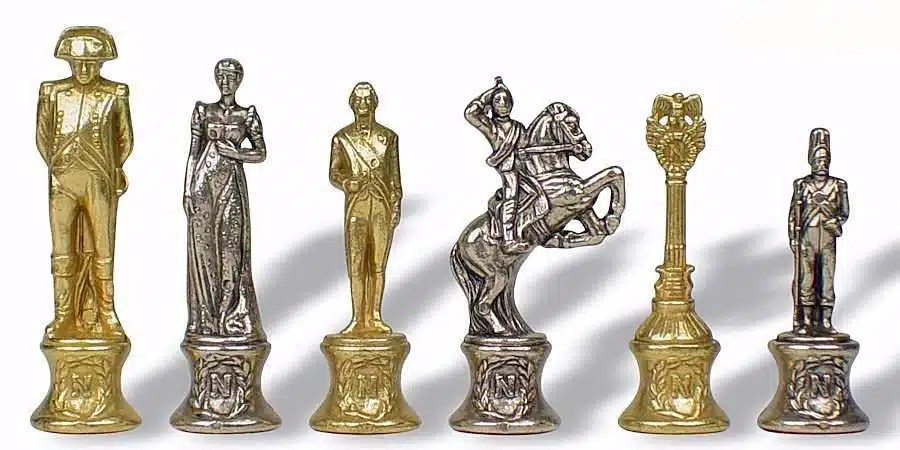 Napoleon-Figuren aus goldenem und silbernem Metall, Dame, Springer und Turm