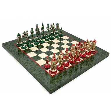 Camelot-König-Arthur-Set auf olivfarbenem Ahorn-Schachbrett, Gesamtansicht