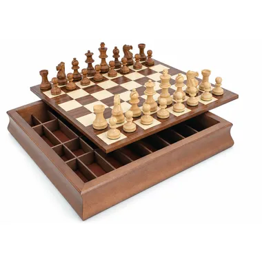 Classic XIII Set mit geöffnetem Schachbrett, Rosenholzfiguren und Aufbewahrungsbox