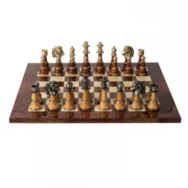 Staunton XL II Set Schachbrett aus Ulmen- und Heideholz lackiert & Schachspiel aus Holz und Messing