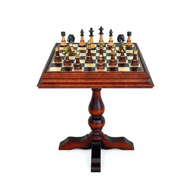 Schachtisch Staunton XL aus Wurzelholz mit Figuren aus massivem Messing