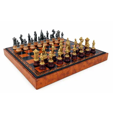 Komplettes Schachspiel Mary Stuart II mit Schachbrett aus Kunstleder und massiven Metallfiguren