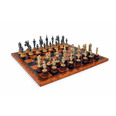 Set „Camelot König Artus II“ Schachbrett aus Kunstleder & Schachspiel aus Holz und massivem Metall