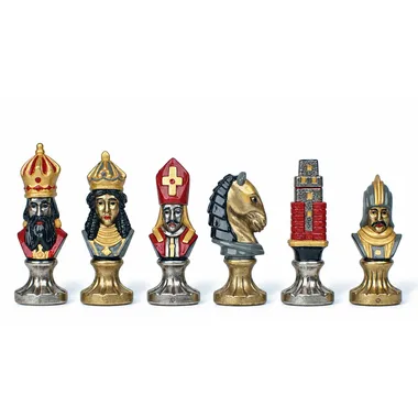 Schachfiguren Medieval II: König, Bischof, Springer und Turm aus bemaltem Metall