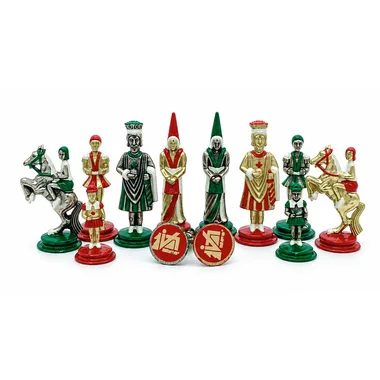 Camelot-Schachfiguren aus bemaltem Metall, Könige und Damen in Rot und Grün