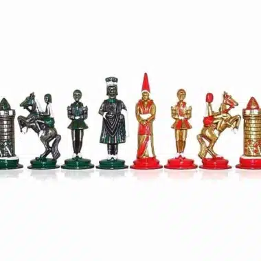 Ensemble "Camelot Roi Arthur V" Echiquier en Bois d'Erable Olive & Jeu d'Echecs en Métal Massif Peint à la Main