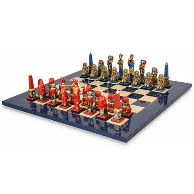 Komplettes Schachset Ägypten III, rote und blaue Figuren auf Ahorn-Schachbrett