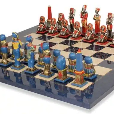 Set Ägypten III Ahornholzschachbrett & Schachspiel aus massivem, handbemaltem Metall – Bild 5