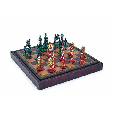 Set „Camelot König Arthur III“ Schachbrett aus Kunstleder & Schachspiel aus handbemaltem Metall