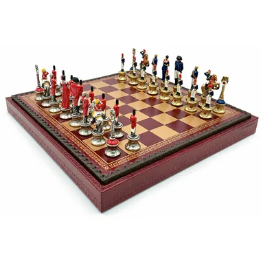 Napoléon-III-Schachset mit rotem Kunstleder-Schachbrett und bemalten Metallfiguren