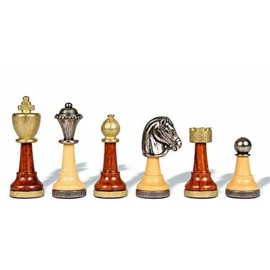Schachfiguren Classic II aufgereiht, Ausführung aus Holz und goldenem sowie silbernem Metall