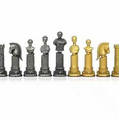 Set „Römisches Reich III“ griechisches Schachbrett aus massivem weißem Holz & Schachspiel aus massivem Metall