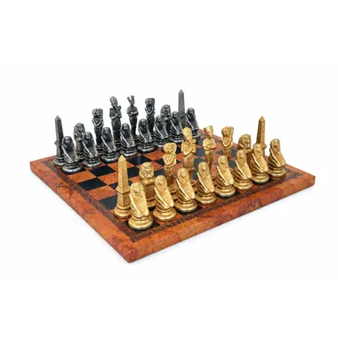 Komplettes ägyptisches Schachset mit Kunstleder-Schachbrett und massiven Metallfiguren