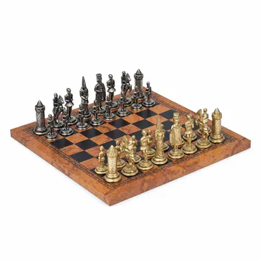 Komplettes Schachset Camelot König Artus VII mit Kunstleder-Schachbrett und Metallfiguren