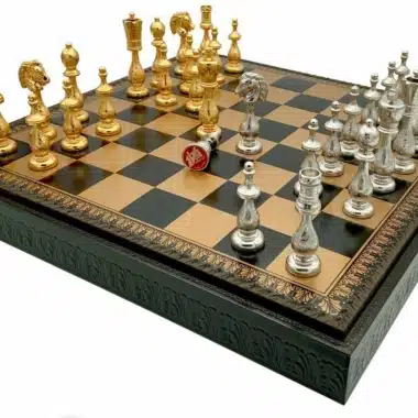 Arabic Style V Schachbrett Set Schwarzes Kunstlederschachbrett mit Aufbewahrung und Schachspiel aus gold- und silberbeschichtetem Metall – Bild 3