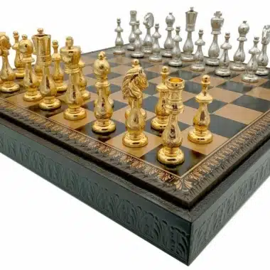 Arabic Style V Schachbrett Set Schwarzes Kunstlederschachbrett mit Aufbewahrung und Schachspiel aus gold- und silberbeschichtetem Metall – Bild 4