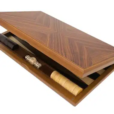 Backgammon York de Luxe geschlossen, Holzbox mit geöffneter Schublade