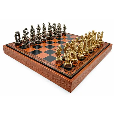 Schachspiel Samourai III in Perspektive mit Aufbewahrungsbox und Metallfiguren