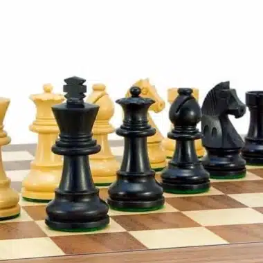 Schwarzer König und Dame aus ebonisiertem Buchsbaum umgeben von Springern, Nahaufnahme