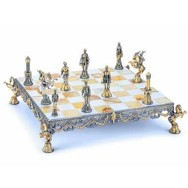 Set „Florentinische Renaissance, XV. Jahrhundert“, Schachbrett und Schachspiel aus Bronze, Onyx und 24-Karat-Gold