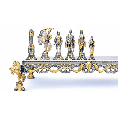 Set „Florentinische Renaissance, XV. Jahrhundert“, Schachbrett und Schachspiel aus Bronze, Onyx und 24-Karat-Gold
