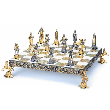 Set "Louis XIV le Roi Soleil II" Schachbrett und Schachspiel aus Bronze, Onyx und 24 Karat Gold