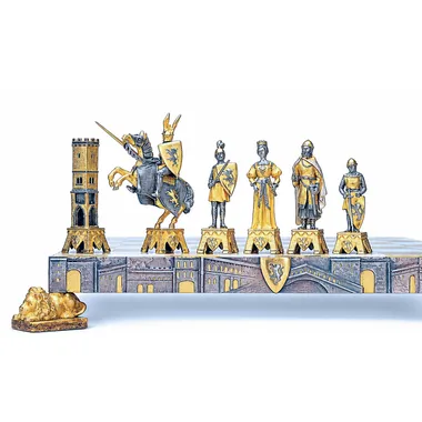 Set "Vénétie Médiévale" Schachbrett und Schachspiel aus Bronze, Onyx und 24 Karat Gold