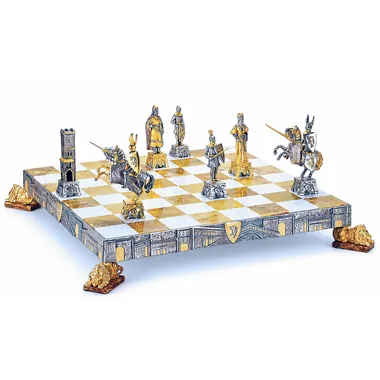 Set "Vénétie Médiévale" Schachbrett und Schachspiel aus Bronze, Onyx und 24 Karat Gold