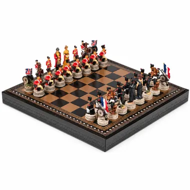 Schachspiel Schlacht von Waterloo III, englische und französische Figuren auf dem Schachbrett gegenüber