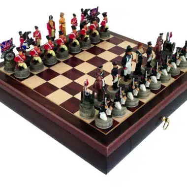 Schachset Schlacht von Waterloo II Schachbrett aus Rosenholz mit Aufbewahrungsschublade & Handbemaltem Schachspiel aus Harz