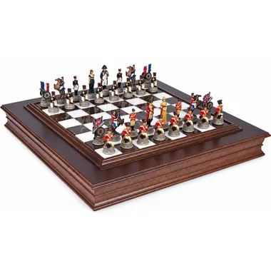 Komplettes Schachset Schlacht von Waterloo, bemalte Figuren auf Holz-Marmor-Schachbrett