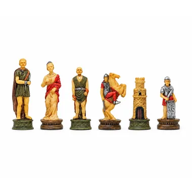 Schachfiguren Römer vs Gladiatoren, ausgerichtete Ansicht der sechs bemalten Figuren