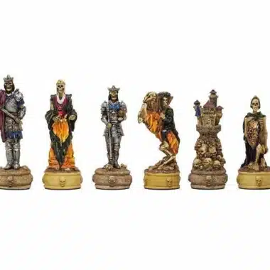 Mort-Vivant III Set: sechs bemalte Schachfiguren auf Totenkopf-Sockeln
