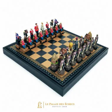 Komplettes Schachspiel Anglo-Zulu-Krieg II auf Kunstleder-Schachbrett mit Aufbewahrungsbox