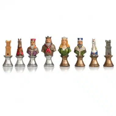 Schachfiguren Büste Mittelalter V aufgereiht, Turm, Springer, König, Dame, Läufer und Turm
