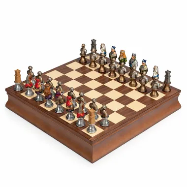 Komplettes Schachspiel Büste Mittelalter III mit Ahorn- und Nussbaum-Schachbrett auf Box