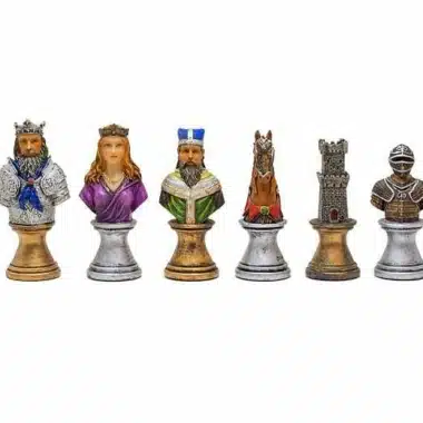 Schachfiguren Büste Mittelalter V, König, Dame, Läufer, Springer, Turm und Ritter aufgereiht