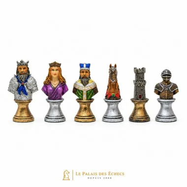 Schachfiguren Büste Mittelalter V, König, Dame, Läufer, Springer, Turm und Ritter aufgereiht