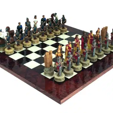 Set Trojanischer Krieg I Glänzendes Nussbaumwurzel-Schachbrett & Harzschachspiel