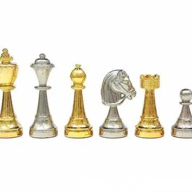 Classic Flower Set 6 Schachbrett aus Nussbaumwurzel und Schachspiel aus gold- und silberplattiertem Metall – Bild 7