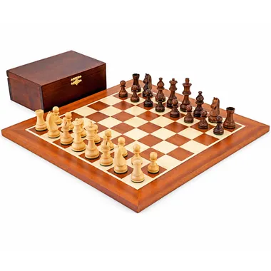 Komplettes Championship-Schachset mit Mahagoni-Ahorn-Brett und goldenen Palisanderfiguren