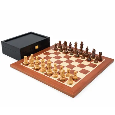 Komplettes Novice-Schachset mit Mahagoni-Schachbrett, Akazienfiguren und Wenge-Box