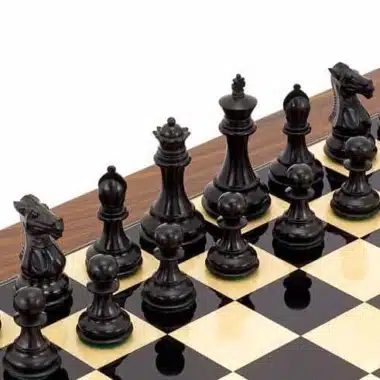 Schwarze Ebenholzfiguren auf dem Schachbrett aufgestellt, Nahaufnahme