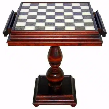 Ensemble "Staunton Haut de Gamme" Table et Jeu d'Echecs en Bois d'Hêtre et Marbre de Carrare et Albâtre & Bois et Laiton Massif Plaqué Or et Argent