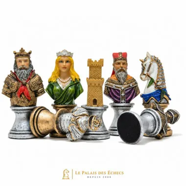 Schachfiguren Büste Mittelalter V, König, Dame, Turm und Springer nebeneinander