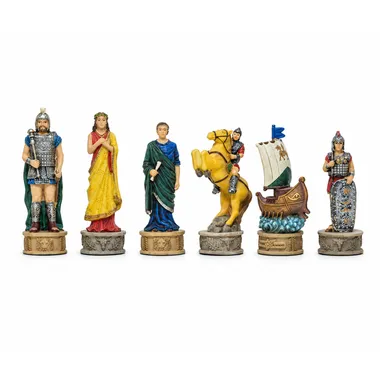 Sechs Schachfiguren Trojanischer Krieg in Reihe: Krieger, Königin, Schiff